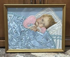 Cobertor de cetim vintage com moldura diecut cabelo loiro bebê fitas azul rosa comprar usado  Enviando para Brazil