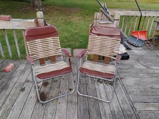 Antiga espreguiçadeira dobrável gramado vinil tubo geléia plástico marrom MCM praia Primo! comprar usado  Enviando para Brazil