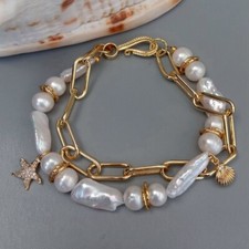 Pulseira Berloque Corrente Banhada a Ouro Pérola Biwa Branca Pérola de Água Doce 8" comprar usado  Enviando para Brazil