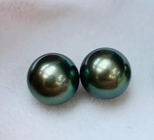 Um par 12-13mm taitiano preto verde redondo pérola solta meio perfurado, usado comprar usado  Enviando para Brazil