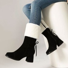 Botas de neve femininas salto bloco acabamento de pele forrado de lã botas de tornozelo sapatos com zíper lateral comprar usado  Enviando para Brazil
