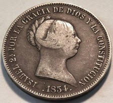 1854 España 20 Reales Isabel II, Moneda Tipo Plata Española Grado Medio 20R segunda mano  Embacar hacia Mexico
