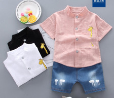2 peças blusa manga curta girafa desenho animado roupas de verão meninos crianças + shorts jeans, usado comprar usado  Enviando para Brazil