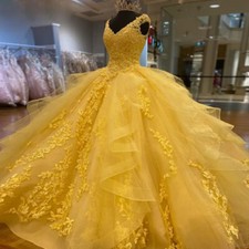 Vestido de baile amarelo Quinceanera aplique sem costas laço babados doce 16, usado comprar usado  Enviando para Brazil