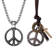 2 peças conjunto de pingente de aço inoxidável masculino hippie sinal de paz colar de cordão de couro comprar usado  Enviando para Brazil