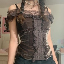 Camiseta Feminina Fairycore Grunge Vintage Babados Renda Crop Top Sexy Fora do Ombro  comprar usado  Enviando para Brazil