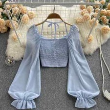 Nova Moda Dobra Decote Curto Manga Longa Feminino Laço Elástico Cintura Praia EUA comprar usado  Enviando para Brazil