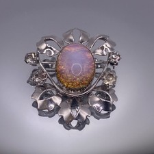 Pingente broche floral tom prata cabochão vidro folha opala falsa rosa década de 1950 comprar usado  Enviando para Brazil