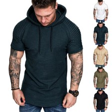 Camiseta masculina manga curta com capuz fina com capuz verão casual plissada academia esporte tops comprar usado  Enviando para Brazil