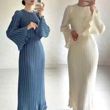 Elegante vestido plissado feminino gola redonda cinto cintura cor sólida vestidos longos, usado comprar usado  Enviando para Brazil