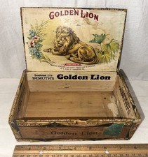 Usado, CAIXA DE CHARUTO ANTIGA DE MADEIRA LEÃO DOURADO TABACO DEMUTH LANCASTER PA GATO FUMANTE comprar usado  Enviando para Brazil