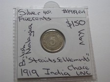 Moneda de plata 1919 cinco centavos asentamientos del estrecho Malasia británica India #1919.CU1 segunda mano  Embacar hacia Mexico