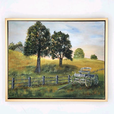 Pintura assinada E. Brown paisagem fazenda rural carruagem cavalo arte emoldurada 21 x 17 comprar usado  Enviando para Brazil
