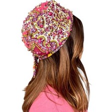 Usado, Chapéu turbante vintage anos 60 com miçangas, boné rosa roxo amarrar traseiro JW Robinson comprar usado  Enviando para Brazil