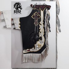 Bull Riding Pro Rodeo Chaps Bege Couro Liso Pele Franjas Pretas Chap comprar usado Bull Riding Pro Rodeo Chaps Bege Couro Liso Pele Franjas Pretas Chap comprar usado  Enviando para Brazil