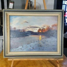 Óleo sobre tela 18 X 24 cena de inverno brilhante pôr do sol sobre fluxo rural deserto, usado comprar usado  Enviando para Brazil
