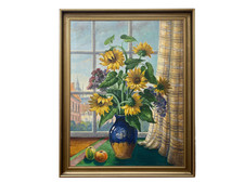 Óleo sobre tela emoldurado c1947 natureza morta girassóis em vaso próximo assinado comprar usado  Enviando para Brazil
