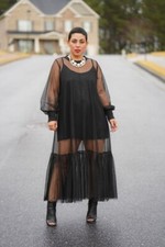 Negro Organza Transparente Maxi Vestido Con Forro Tafetán Globo Manga Noche Boda, usado comprar usado  Enviando para Brazil