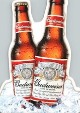 Garrafas de cerveja Budweiser Brew on Ice cortadas em forma de publicidade cartão postal longo, usado comprar usado  Enviando para Brazil