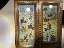 Par de pinturas persas de vidro reverso em molduras incrustadas de Khatamkari, usado comprar usado  Enviando para Brazil
