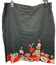 Vintage Clio Feminino 10 Saia Preta 100% Linho Bordado Floral Flores Fenda comprar usado  Enviando para Brazil