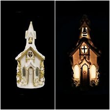 Igreja vintage de porcelana bisque iluminada ouro branco com janelas de vidro reais comprar usado  Enviando para Brazil