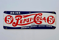 Letrero vintage de porcelana esmaltada de Pepsi Cola 5¢ (30"x10") RELISTADO, usado segunda mano  Embacar hacia Argentina