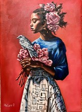 Pintura a óleo original sobre tela artista ucraniana mulher com rosas e pomba comprar usado  Enviando para Brazil