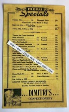 EARLY DIMITRI’S CONFECTIONERY OLEAN NY RARO MENU SANDUÍCHE DE AZEITONA 15¢ BOLO TORTA 10¢ comprar usado  Enviando para Brazil