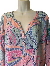 Blusa Lilly Pulitzer azulejo onda Egert linho gola V manga 3/4 mosaico tamanho grande comprar usado  Enviando para Brazil