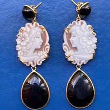 Brincos concha cameo vitoriano prata virada para a direita e esquerda dia preto gota de ônix, usado comprar usado  Enviando para Brazil