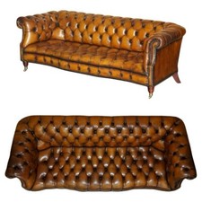 SOFÁ CHESTERFIELD DE COURO MARROM RESTAURADO TINGIDO À MÃO SERPENTINA VINTAGE DE LUXO comprar usado  Enviando para Brazil