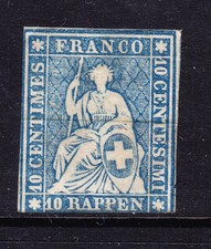SUÍÇA 1859 SG48 10r papel grosso azul fio verde brilhante m/m 2 margens c£275 comprar usado  Enviando para Brazil