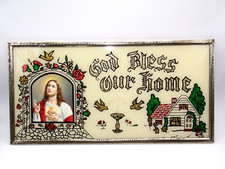 Usado, RARO DEUS ABENÇOE NOSSO LAR Sagrado Coração de JESUS Vintage Foil Art em Vidro comprar usado  Enviando para Brazil