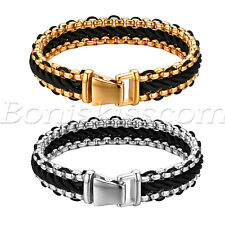 Pulseira masculina de couro genuíno trançada de aço inoxidável com bracelete comprar usado  Enviando para Brazil