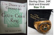 Vintage Franklin Mint CELTIC CROSS 24K Anel de Prata Esterlina Esmeralda - Tamanho 11.5 comprar usado  Enviando para Brazil