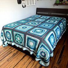 Usado, Colcha de crochê vintage mão flor 3D afegã cobertor quadrados azul geométrico vovó comprar usado  Enviando para Brazil