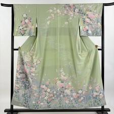Usado, Kimono feminino japonês Houmongi seda Kiku pássaro folha de ouro verde 154cm comprar usado  Enviando para Brazil