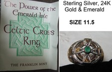 Vintage Franklin Mint CELTIC CROSS Anel de Prata Esterlina 24K Esmeralda - Tamanho 11.5 comprar usado  Enviando para Brazil