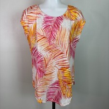 Camisa manga curta estampa folha de palmeira Tahari Top rosa média amarela 100% linho, usado comprar usado  Enviando para Brazil