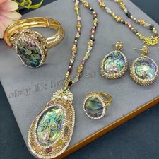 Brincos de concha de turmalina com miçangas de gema de abalone pulseira anel pingente colar comprar usado  Enviando para Brazil