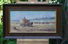 Josef Suchomel (1913) Scena zbiorów z końmi i wózkiem na siano, wiejski obraz olejny na sprzedaż  PL