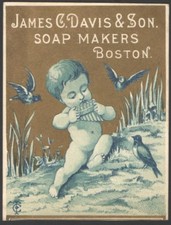 JAMES DAVIS & SON SOAP MAKERS BOSTON Victorian TradeCard Criança Brincando Harmônica comprar usado  Enviando para Brazil