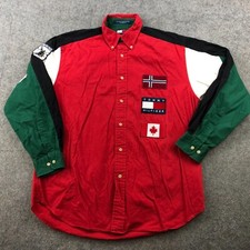 Camisa masculina vintage Tommy Hilfiger média vermelha verde bandeira patch Canadá Noruega esqui, usado comprar usado  Enviando para Brazil