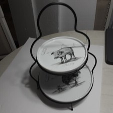 Suporte para bandeja de servir ferro forjado 16 polegadas 2 camadas com pratos superiores e inferiores de cerâmica comprar usado  Enviando para Brazil