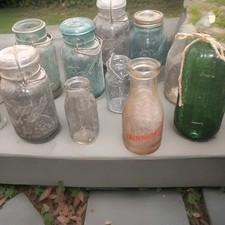Tarros de albañil vintage con tapa de vidrio azul y botellas y frascos de leche vintage varios  segunda mano  Embacar hacia Mexico