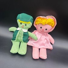 Muñecas de trapo de guinga hechas a mano vintage hilo amarillo pelo niño niña par rosa verde segunda mano  Embacar hacia Mexico