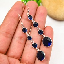 Brinco de pedra preciosa de safira azul criado em laboratório prata esterlina 925 feito à mão joias comprar usado  Enviando para Brazil