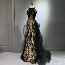 Vestido de noite preto sereia slim fit gola alta fora do ombro aplique dourado comprar usado  Enviando para Brazil
