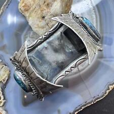 Bracelete de relógio masculino vintage prata nativa americana 3 turquesa e 1 ônix redondo, usado comprar usado  Enviando para Brazil